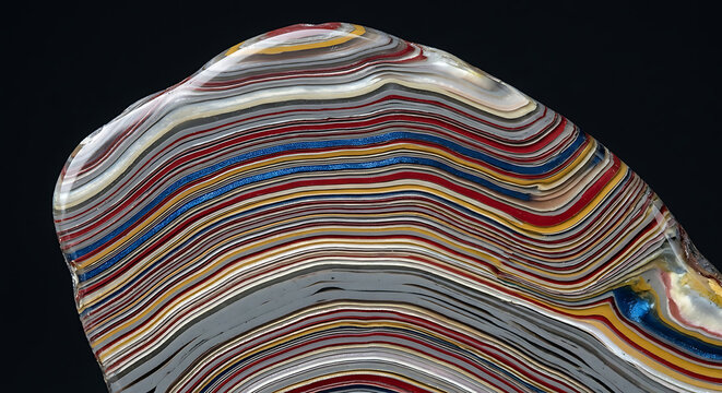 Polished geological cross section of layered automotive paint slag slab displaying decades of colorful enamel stratification