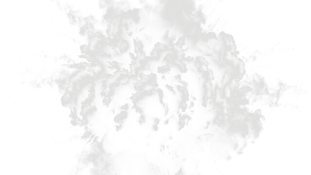 Explosive central burst of voluminous white smoke and billowing vapor expanding outward in all directions isolated on transparant background