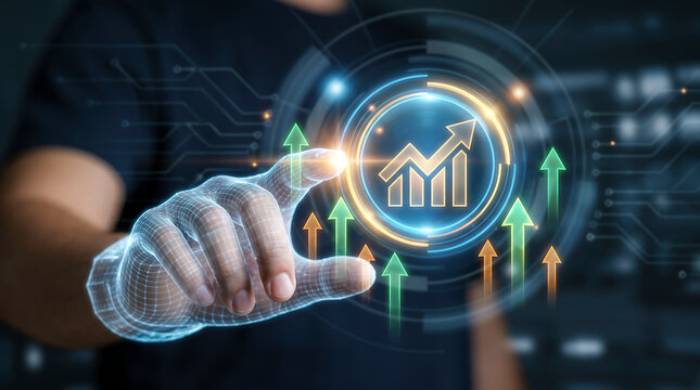 Person touching a glowing digital interface with a wireframe hand, displaying rising financial growth charts and circuit board patterns
