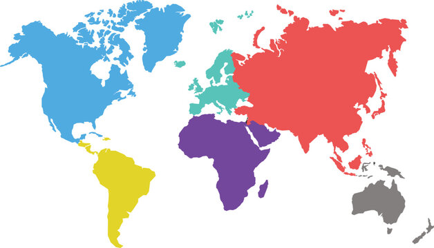 Flat World Map Continents in Five Colours for Geography Lessons