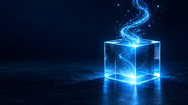 Futuristic transparent cube emitting glowing blue light trails and digital energy on a dark reflective surface