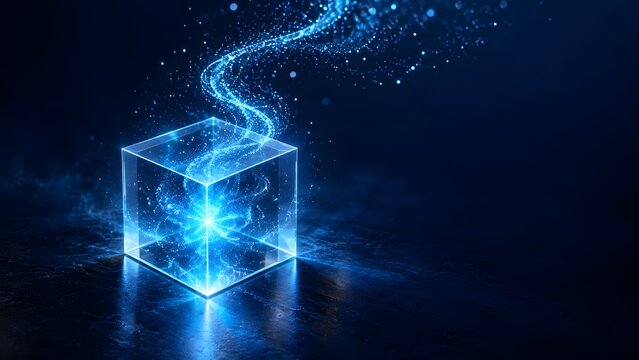 Glowing blue digital cube releasing a stream of luminous particles symbolizing data extraction and technological innovation
