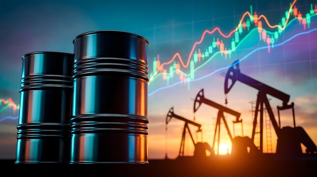 Oil industry barrels and pump jacks with financial market growth chart