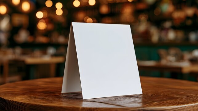 Blank table tent card mockup on wooden surface