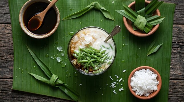 Overhead view of traditional Indonesian es cendol served in a glass on a fresh banana leaf,