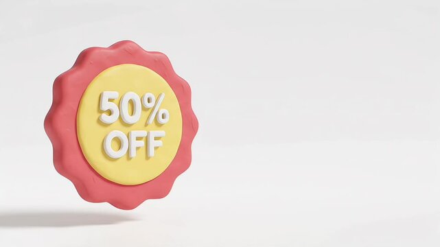 3D 50 percent off discount badge rotating on white background 