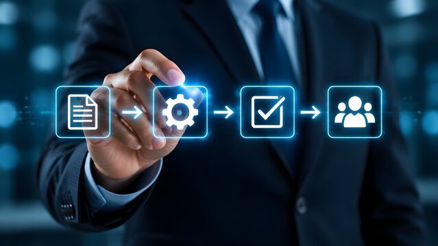 Businessman touching a digital workflow process icon on a screen, representing corporate efficiency, business automation, and streamlined operational management systems.