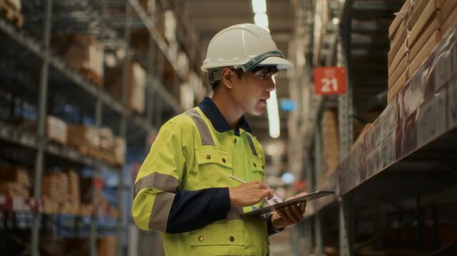 Warehouse Worker Checking Inventory on Digital Tablet Beside Storage Shelves
