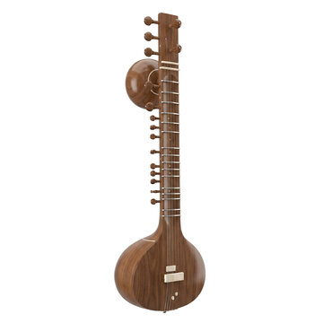 Walnut wood sitar with long neck, tuning pegs and gourd shaped body, isolated on transparent background