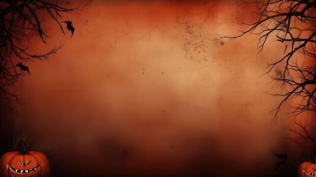 Eerie Halloween Ambiance: A hauntingly beautiful backdrop for Halloween night, featuring a silhouetted spooky tree branch, a grinning jack-o'-lantern, and flying bats against a smoky, orange-hued sky.
