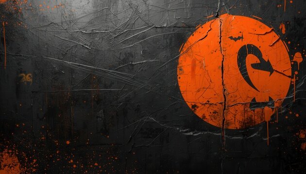 Orange Circle Grunge: A striking orange circle graphic with a curved arrow symbol set against a dark, textured grunge background with splattered paint accents.