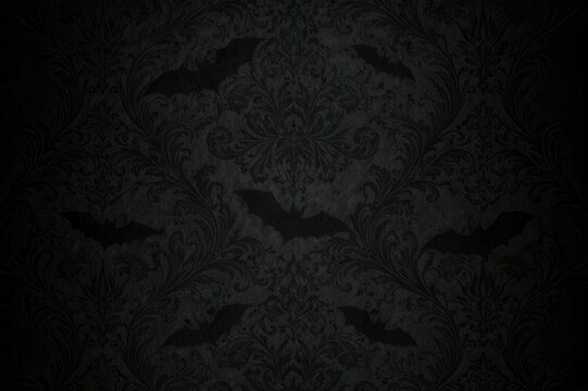 Eerie Bat Pattern: A dark, damask-patterned wallpaper is subtly adorned with silhouetted bats, creating a mysterious and gothic ambiance perfect for Halloween or spooky themes.