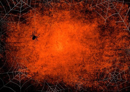Spooky Spiderweb Halloween Background: A dark and eerie Halloween-themed background featuring a textured orange center, framed by delicate spiderwebs and a solitary spider.
