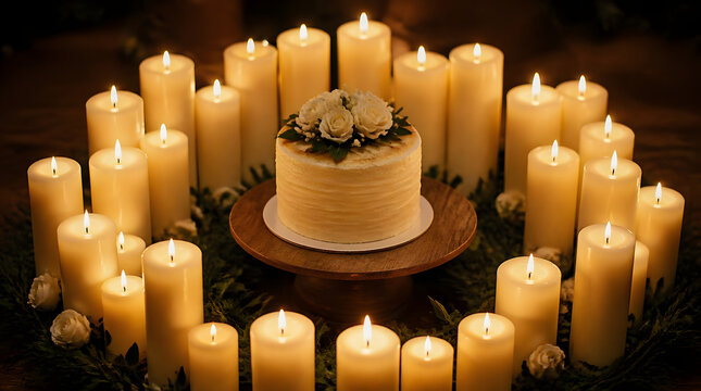 Rustic Wedding Reception Decor Pillar Candles Wooden Cake Stand White Frosted Cake adorned Roses Formal Indoor Setting