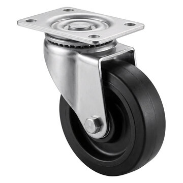 Stainless steel swivel caster plate with black rubber wheel, isolated on transparent background