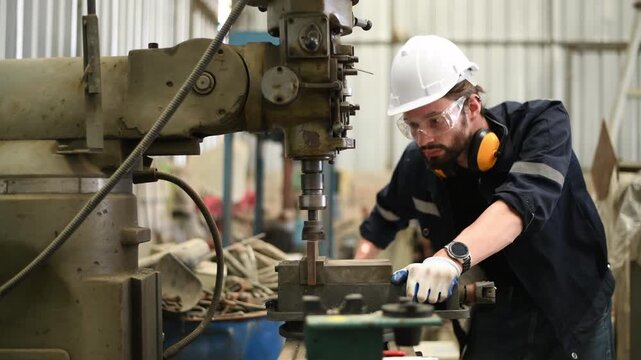 Engineer or factory worker wearing safety uniform under checking a metal part of lathe produce is quality control of parts machined on lathe structure Manufacturing industrial.	