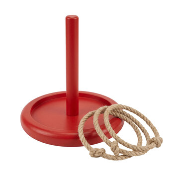 Red wooden ring toss game with three rope rings on a round base, isolated on transparent background