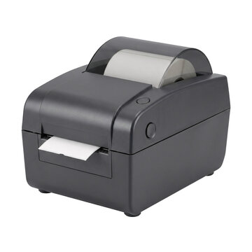 Black thermal label printer with label roll and printed label coming out, isolated on transparent background