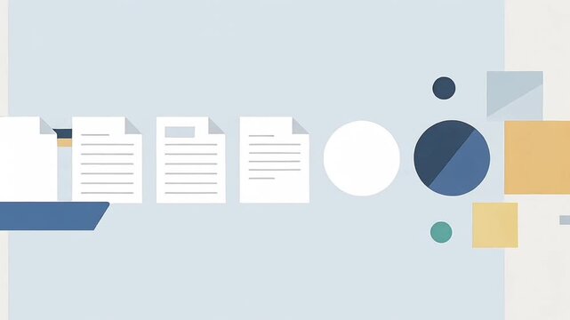 2D animation of data graphs, documents, gears, and upward growth arrow