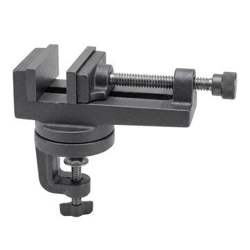 Black cast iron hobby vise with swivel base and clamp for small workbench jobs, isolated on transparent background