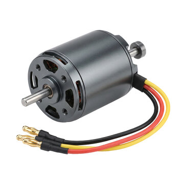 Gray brushless electric motor with red, yellow and black wires and gold connectors, isolated on transparent background