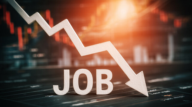 The word JOB beneath a descending arrow represents declining employment and job losses during an economic downturn.
