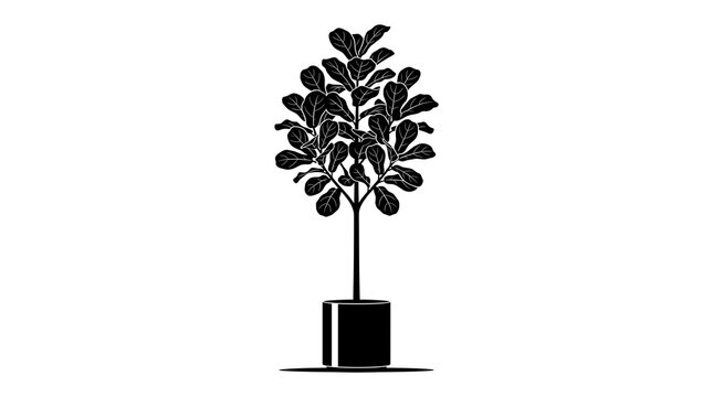 Black silhouette of a potted fiddle leaf fig tree isolated on a clean