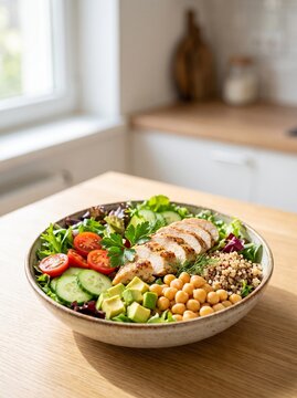 Healthy breakfast with oatmeal, fresh vegetables and avocado, nutritious whole foods arranged on a plate for a balanced morning meal.