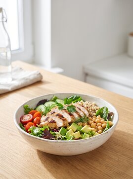 Healthy breakfast with oatmeal, fresh vegetables and avocado, nutritious whole foods arranged on a plate for a balanced morning meal.
