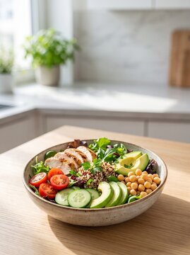 Healthy breakfast with oatmeal, fresh vegetables and avocado, nutritious whole foods arranged on a plate for a balanced morning meal.
