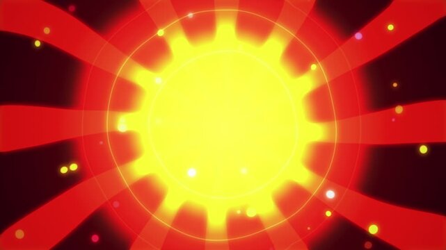 Retro funky sunburst background with pulsing shockwave rings, warm red and gold light rays, rising bokeh orbs, energetic beat-synced seamless loop 4K