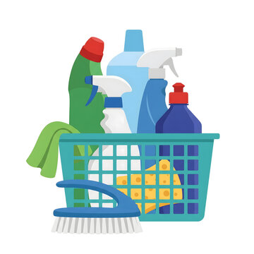 cleaning supplies basket with detergent spray bottles sponge and brush for housekeeping flat vector illustration isolated on white background for spring clean graphic design banner