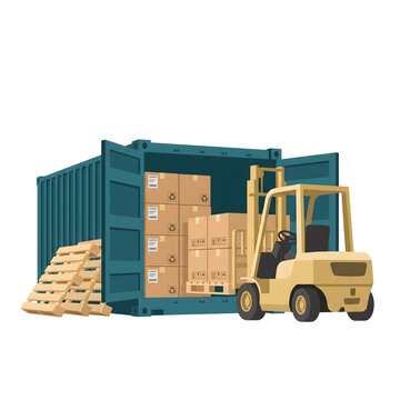 forklift unloading cardboard boxes from open cargo shipping container with wooden pallets in warehouse logistics flat vector illustration isolated on white background for industrial freight transport