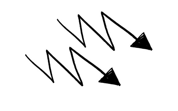 Black hand painted zigzag arrows pointing down right with bold solid arrowheads and thin rough brush lines, grunge sketch direction symbols isolated on white background for infographic design