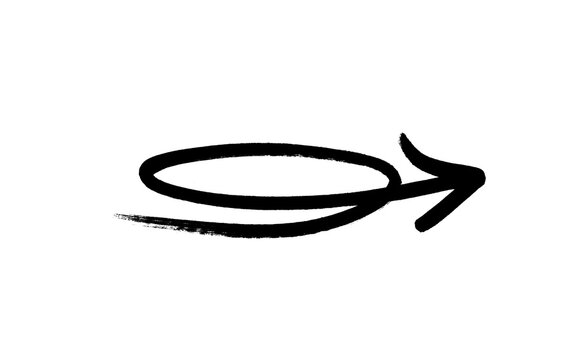 Hand drawn black brush loop arrow pointing right with a looping ellipse swirl, grunge ink scribble circle arrow direction symbol isolated on white background for infographics, notes and design