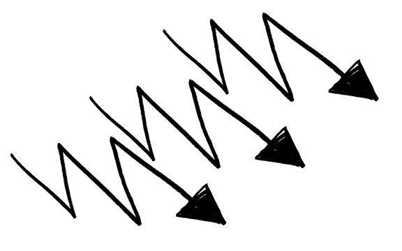 Two black hand painted zigzag arrows pointing down right with grunge brush texture and soft gray shadow, bold lightning style direction symbols isolated on white background for infographic design