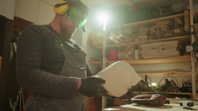 Carpenter reviews plans for wood shaping. joiner holds material surrounded by shop equipment like power tools on shelves. Warm lighting highlights focused workshop environment with stacked