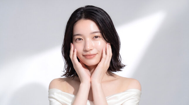 フェイスラインに手を添えて、デコルテラインがきれいな日本人女性