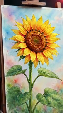 Artistic watercolor illustration of a sunflower developing from a sketch into a full bloom with golden petals reaching for the bright sunlight