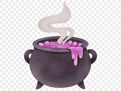 Watercolor Halloween witch cauldron with bubbling purple potion, dripping magical liquid and curling steam illustration Vector.