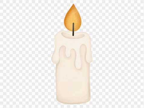 Cream colored melting wax candle with glowing orange flame, soft watercolor texture and minimalist Halloween decoration illustration Vector.