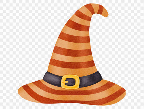 Orange and brown striped witch hat with black band and golden buckle, whimsical pointed Halloween costume accessory watercolor illustration Vector.