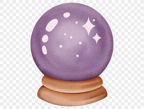 Purple crystal ball on a wooden stand, mystical fortune telling sphere for witch divination and Halloween fantasy watercolor illustration Vector.
