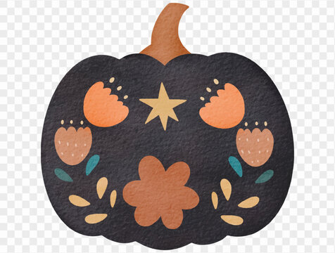 Black Halloween pumpkin decorated with orange floral motifs, golden star and folk art ornaments, rustic autumn watercolor illustration Vector.