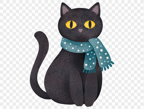 Cute black cat with bright yellow eyes and a teal polka dot scarf, adorable sitting feline with curved tail, watercolor animal illustration Vector.