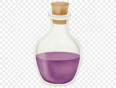 Clear glass witch potion bottle filled with purple magical liquid and sealed with a cork stopper, mystical alchemy Halloween watercolor illustration Vector.