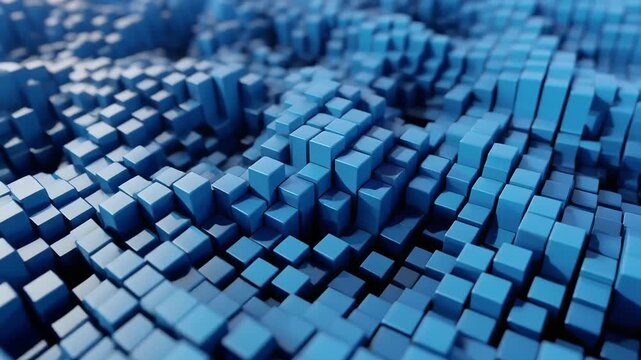 Abstract digital landscape of rising and falling blue cubes creating a rhythmic motion surface 4K Generative AI