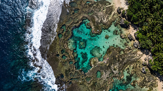 Aerial view of vivid turquoise tidal pools surrounded by rugged reef rock, tropical palms, and breaking ocean waves