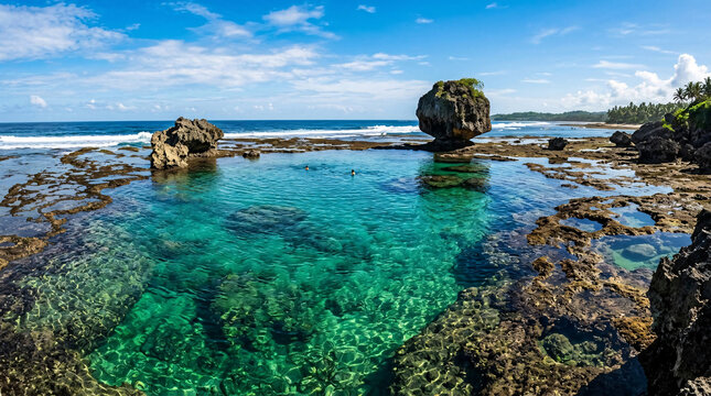 Crystal-clear turquoise natural rock pool beside the ocean with dramatic limestone boulders and tropical coastline