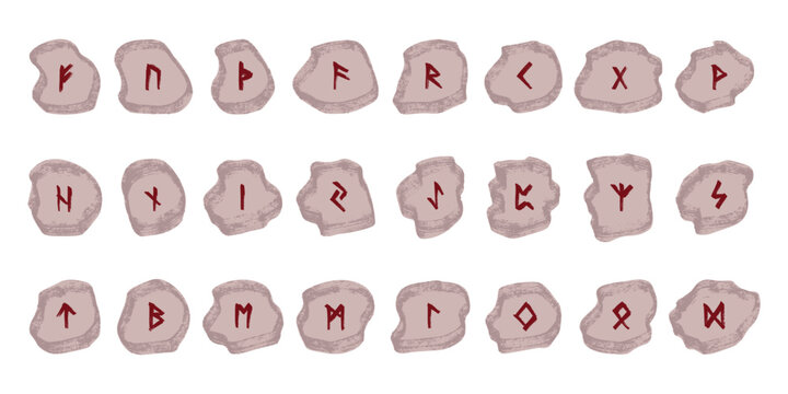 Set of hand drawn viking runes Rune stones with ancient norse alphabet characters engraved on them Scandinavian futhark germanic celtic Single element for design, print, web, decor